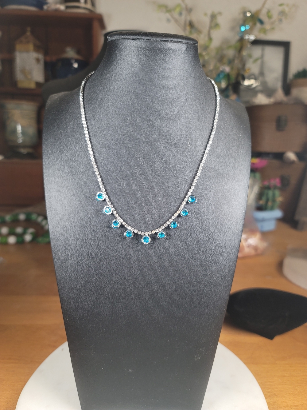 paparazzi Silver Necklace with White & Blue Rhinestones